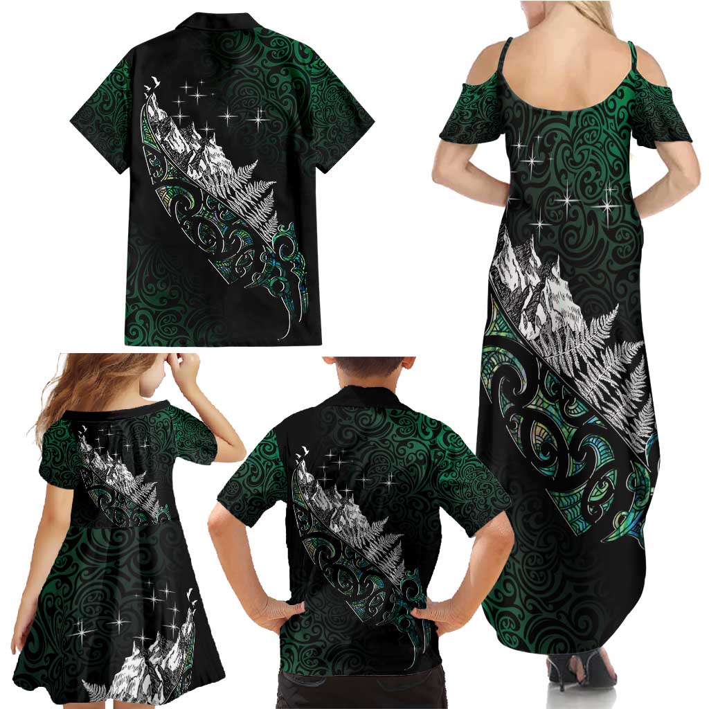 Maori Matariki Family Matching Summer Maxi Dress and Hawaiian Shirt Landscape Styled Fern - Paua Shell