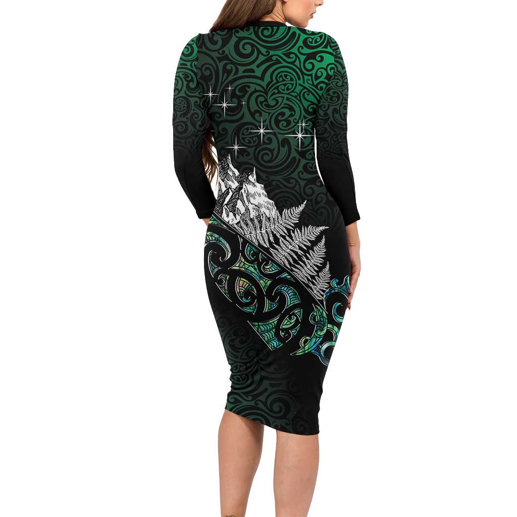 Maori Matariki Long Sleeve Bodycon Dress Landscape Styled Fern - Paua Shell
