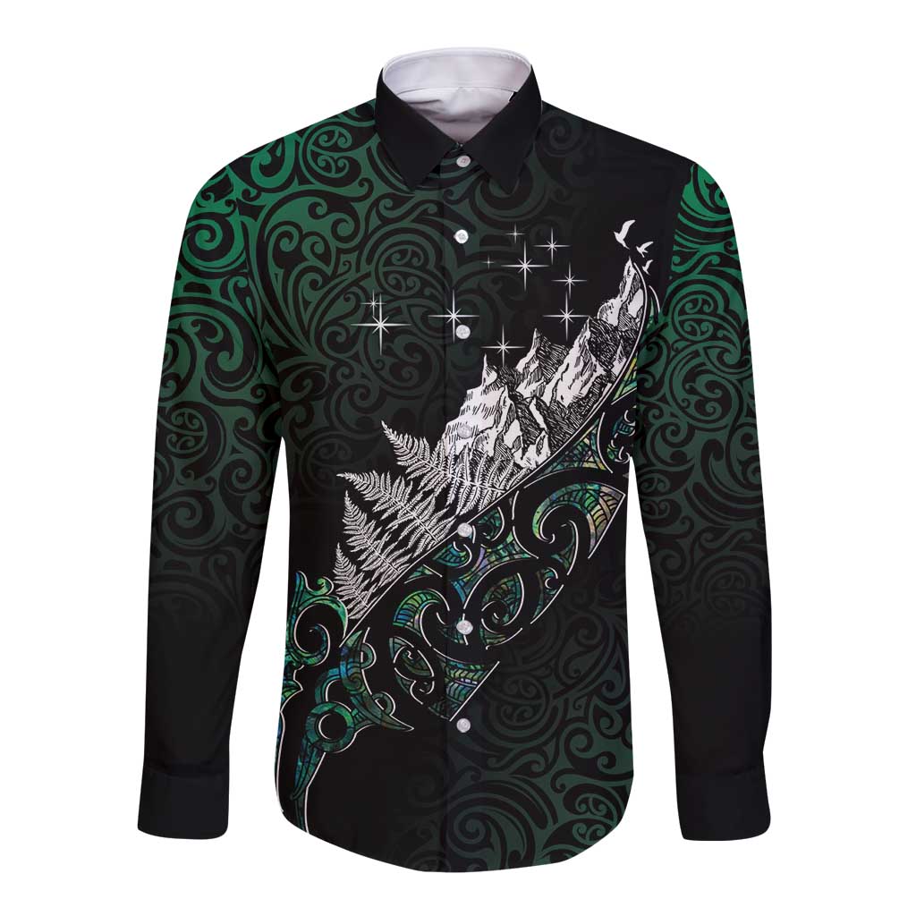 Maori Matariki Long Sleeve Button Shirt Landscape Styled Fern - Paua Shell
