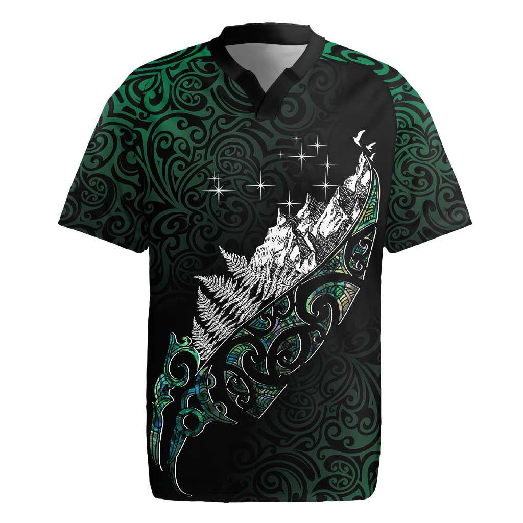 Maori Matariki Rugby Jersey Landscape Styled Fern - Paua Shell LT7 Green - Polynesian Pride