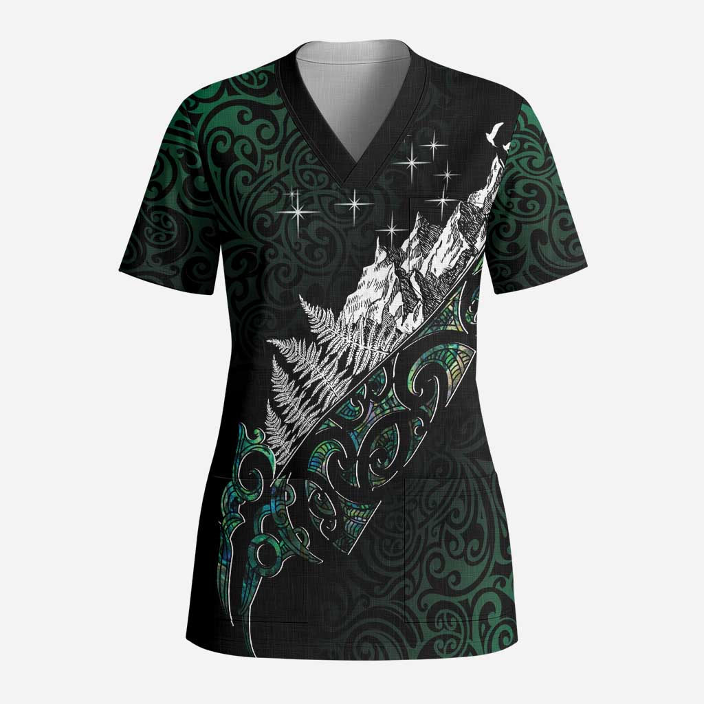 Maori Matariki Scrub Top Landscape Styled Fern - Paua Shell - Polynesian Pride