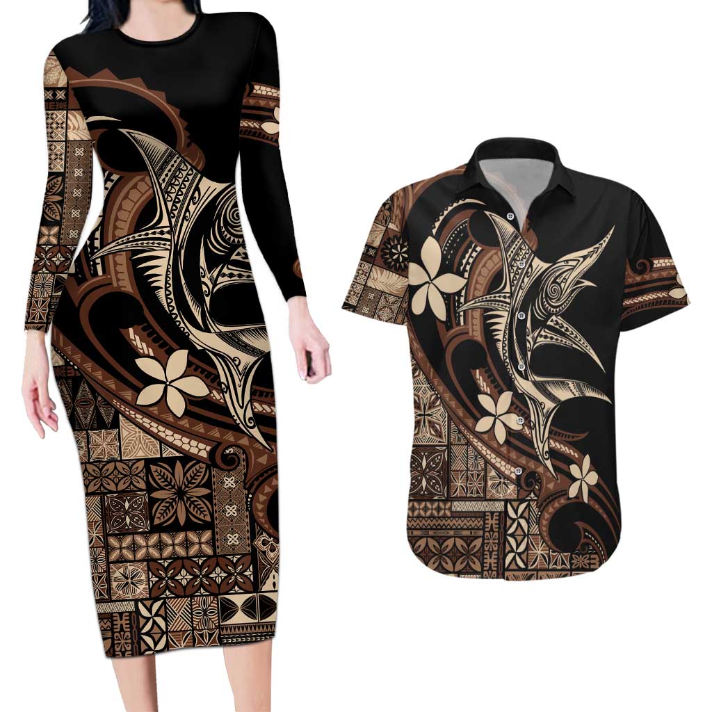 Samoa Manuia le Aso Tuto'atasi Couples Matching Long Sleeve Bodycon Dress and Hawaiian Shirt Siapo Mamanu Mix Tatau Marlin