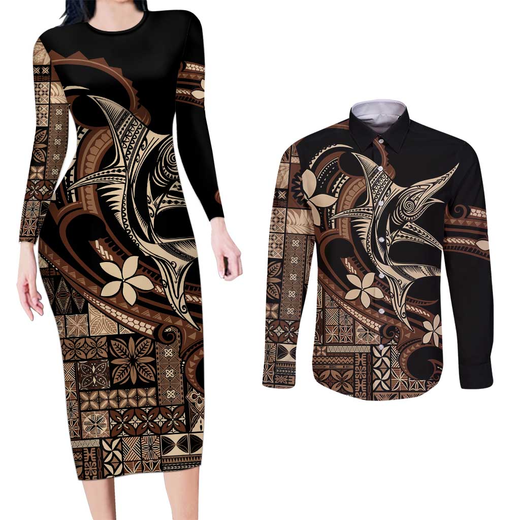 Samoa Manuia le Aso Tuto'atasi Couples Matching Long Sleeve Bodycon Dress and Long Sleeve Button Shirt Siapo Mamanu Mix Tatau Marlin