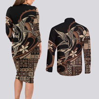 Samoa Manuia le Aso Tuto'atasi Couples Matching Long Sleeve Bodycon Dress and Long Sleeve Button Shirt Siapo Mamanu Mix Tatau Marlin
