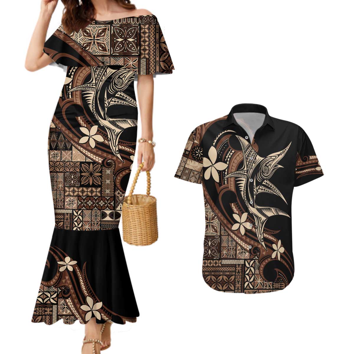 Samoa Manuia le Aso Tuto'atasi Couples Matching Mermaid Dress and Hawaiian Shirt Siapo Mamanu Mix Tatau Marlin