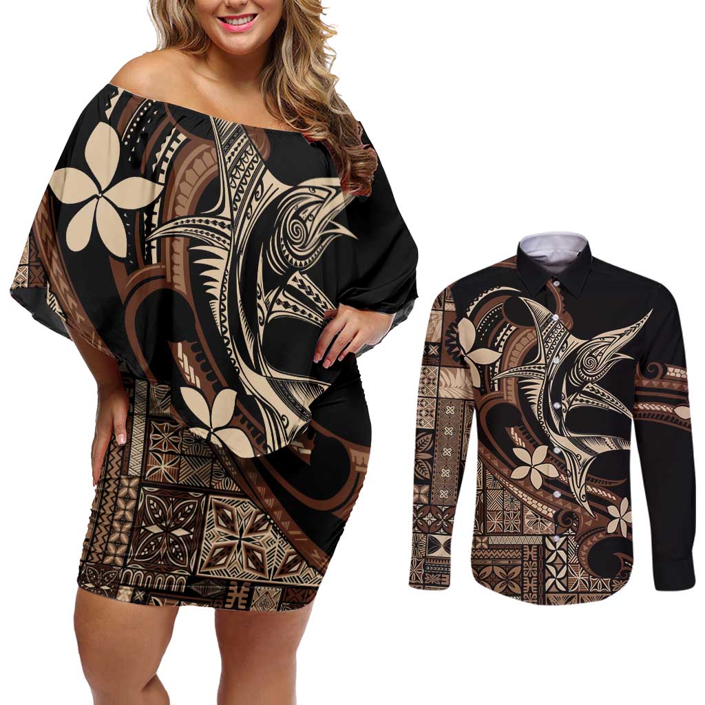 Samoa Manuia le Aso Tuto'atasi Couples Matching Off Shoulder Short Dress and Long Sleeve Button Shirt Siapo Mamanu Mix Tatau Marlin