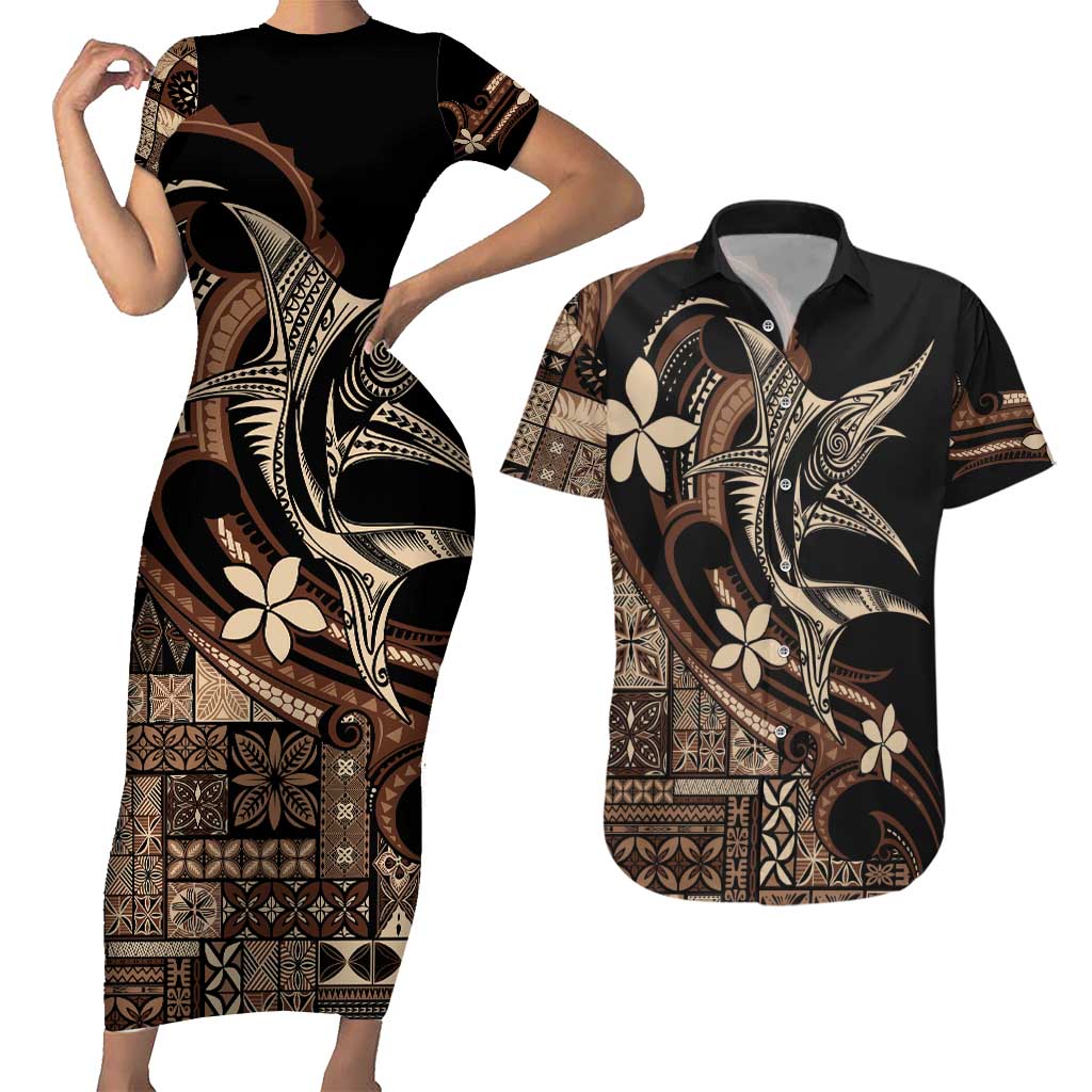 Samoa Manuia le Aso Tuto'atasi Couples Matching Short Sleeve Bodycon Dress and Hawaiian Shirt Siapo Mamanu Mix Tatau Marlin