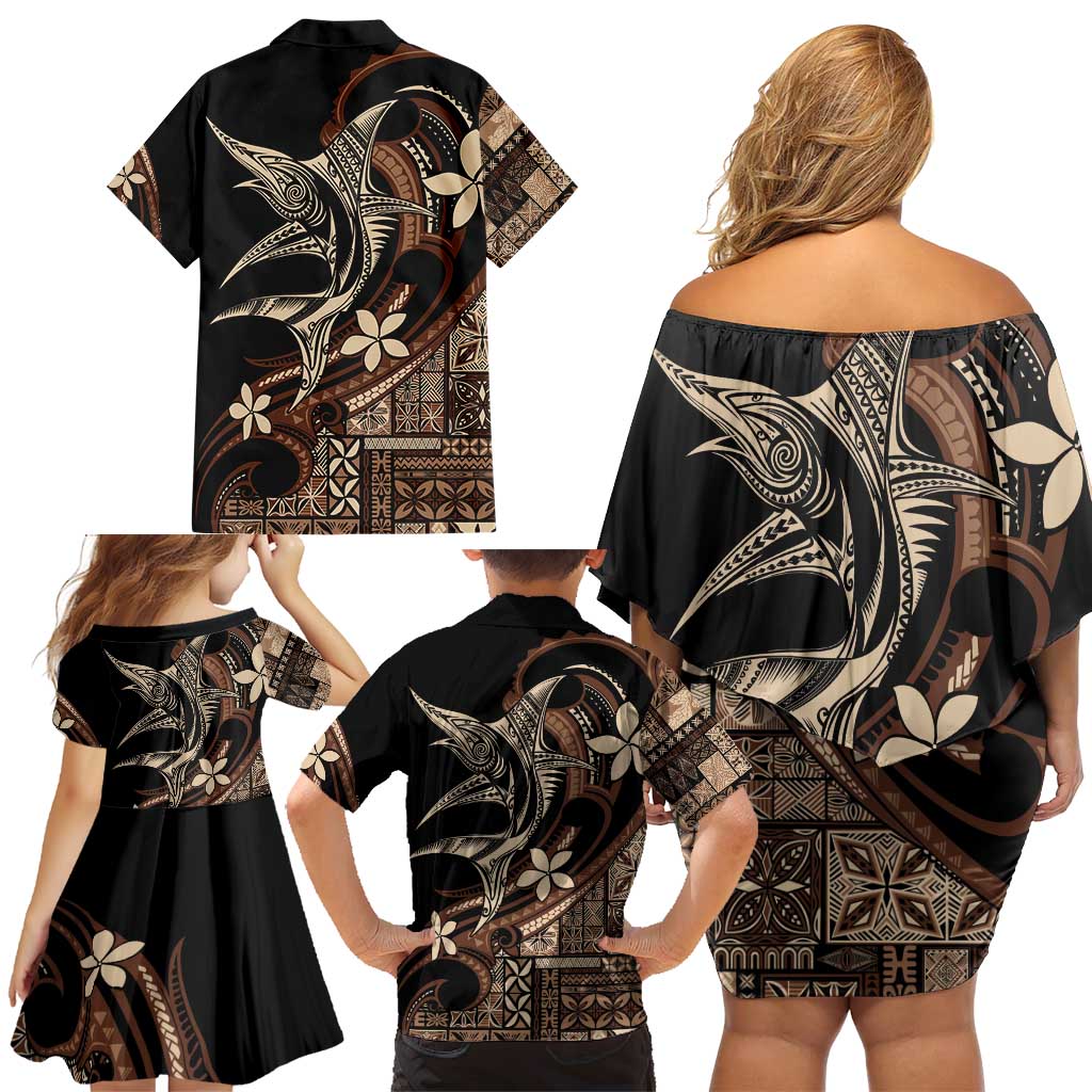 Samoa Manuia le Aso Tuto'atasi Family Matching Off Shoulder Short Dress and Hawaiian Shirt Siapo Mamanu Mix Tatau Marlin