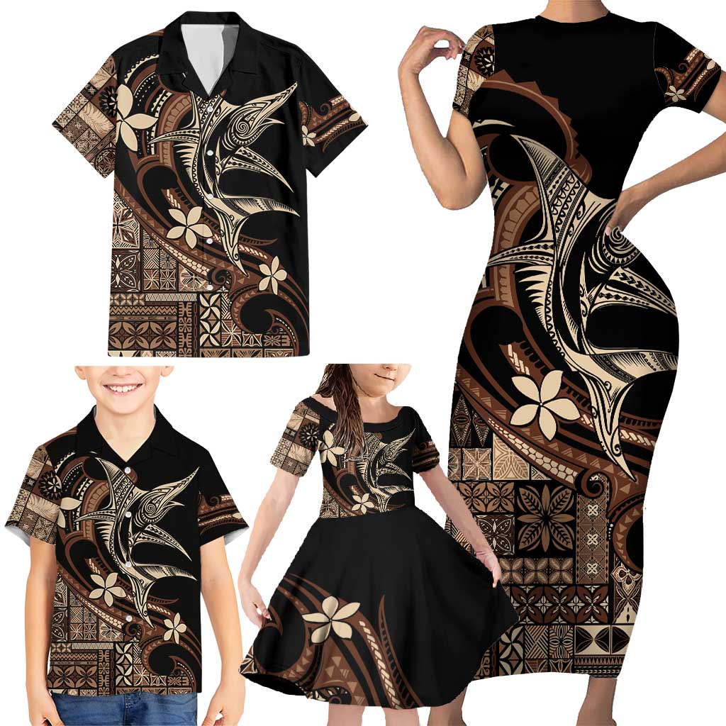 Samoa Manuia le Aso Tuto'atasi Family Matching Short Sleeve Bodycon Dress and Hawaiian Shirt Siapo Mamanu Mix Tatau Marlin