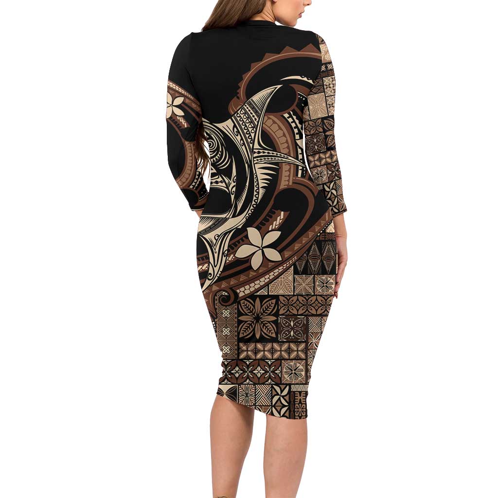 Samoa Manuia le Aso Tuto'atasi Long Sleeve Bodycon Dress Siapo Mamanu Mix Tatau Marlin