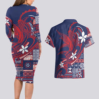 Samoa Manuia le Aso Tuto'atasi Couples Matching Long Sleeve Bodycon Dress and Hawaiian Shirt Siapo Mamanu Mix Tatau Marlin - Flag Color