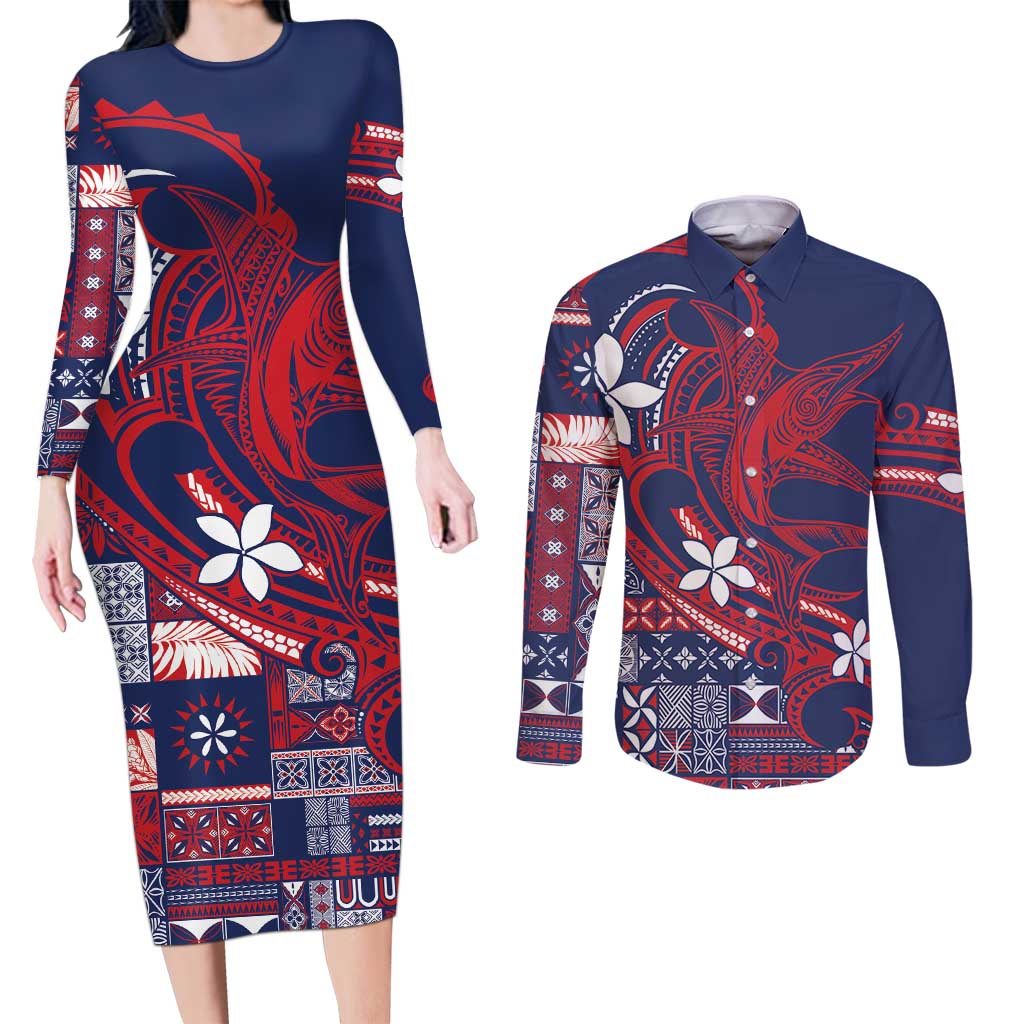 Samoa Manuia le Aso Tuto'atasi Couples Matching Long Sleeve Bodycon Dress and Long Sleeve Button Shirt Siapo Mamanu Mix Tatau Marlin - Flag Color