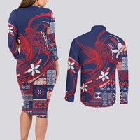 Samoa Manuia le Aso Tuto'atasi Couples Matching Long Sleeve Bodycon Dress and Long Sleeve Button Shirt Siapo Mamanu Mix Tatau Marlin - Flag Color