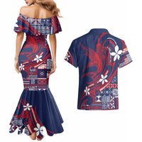 Samoa Manuia le Aso Tuto'atasi Couples Matching Mermaid Dress and Hawaiian Shirt Siapo Mamanu Mix Tatau Marlin - Flag Color
