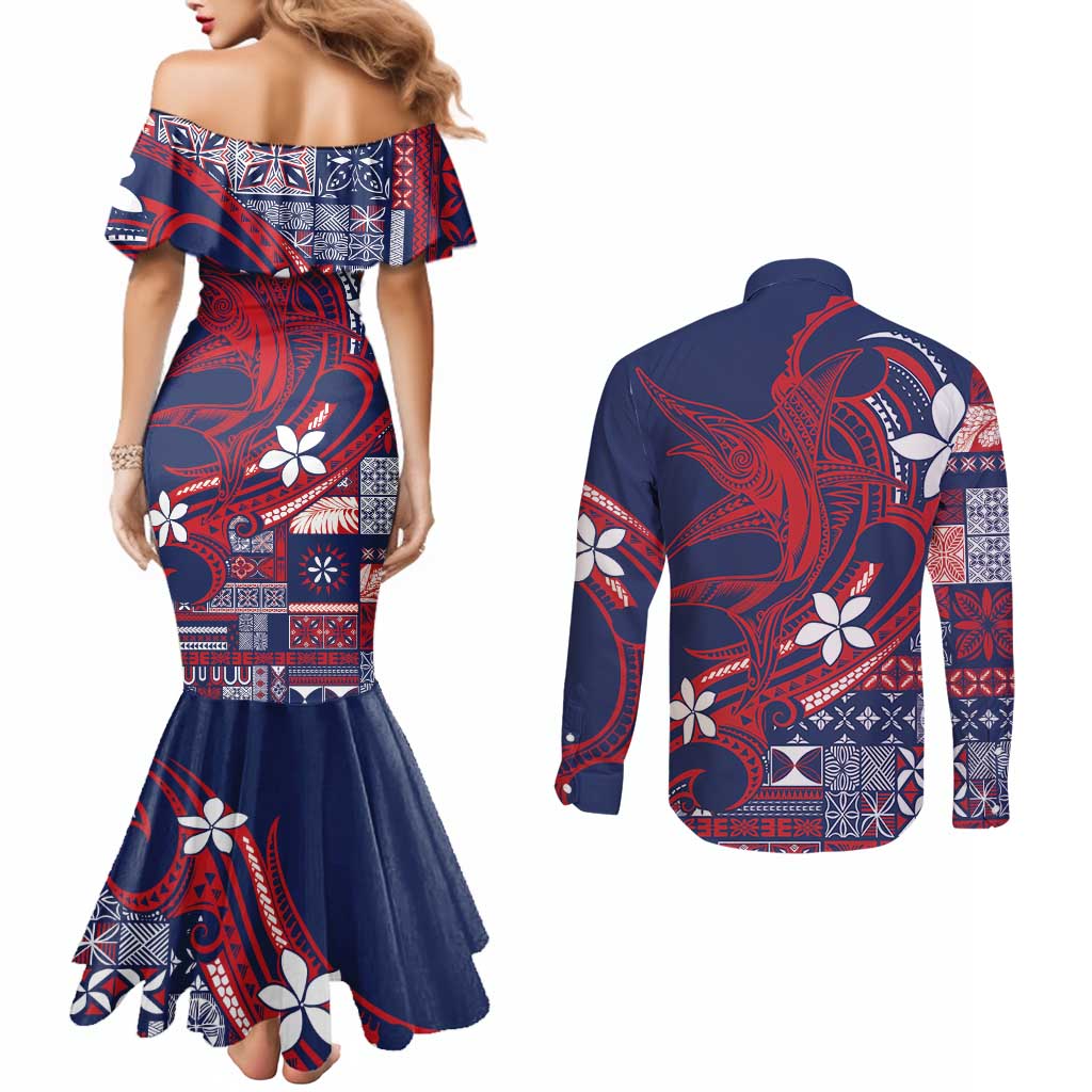 Samoa Manuia le Aso Tuto'atasi Couples Matching Mermaid Dress and Long Sleeve Button Shirt Siapo Mamanu Mix Tatau Marlin - Flag Color