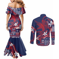 Samoa Manuia le Aso Tuto'atasi Couples Matching Mermaid Dress and Long Sleeve Button Shirt Siapo Mamanu Mix Tatau Marlin - Flag Color