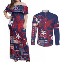 Samoa Manuia le Aso Tuto'atasi Couples Matching Off Shoulder Maxi Dress and Long Sleeve Button Shirt Siapo Mamanu Mix Tatau Marlin - Flag Color