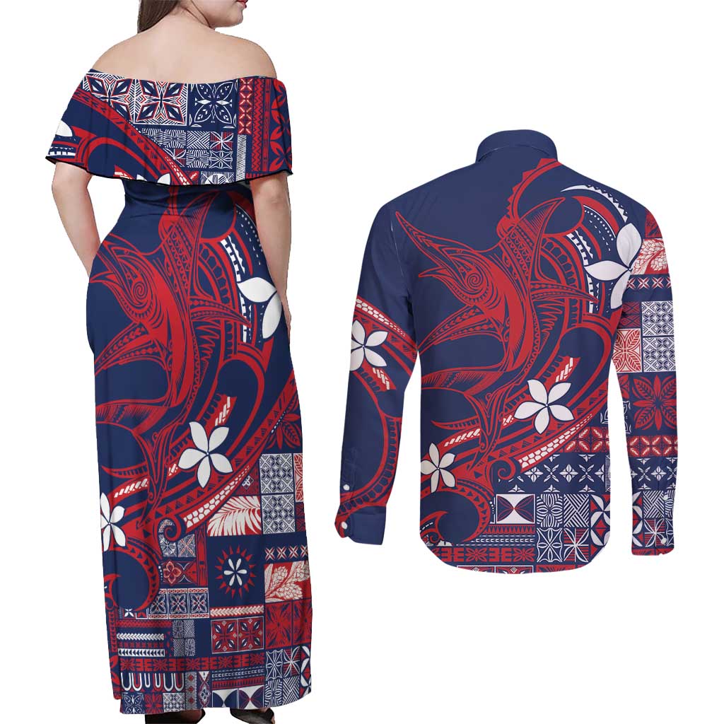 Samoa Manuia le Aso Tuto'atasi Couples Matching Off Shoulder Maxi Dress and Long Sleeve Button Shirt Siapo Mamanu Mix Tatau Marlin - Flag Color