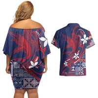 Samoa Manuia le Aso Tuto'atasi Couples Matching Off Shoulder Short Dress and Hawaiian Shirt Siapo Mamanu Mix Tatau Marlin - Flag Color