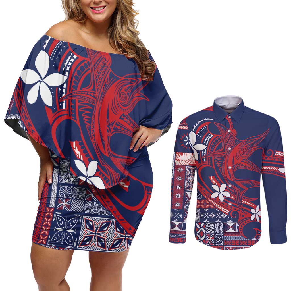 Samoa Manuia le Aso Tuto'atasi Couples Matching Off Shoulder Short Dress and Long Sleeve Button Shirt Siapo Mamanu Mix Tatau Marlin - Flag Color