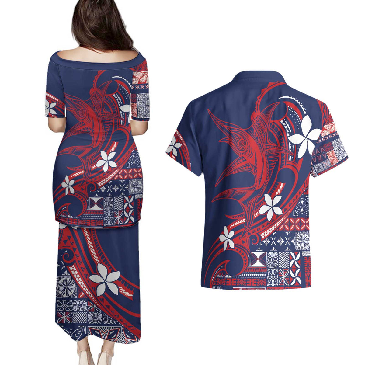 Samoa Manuia le Aso Tuto'atasi Couples Matching Puletasi and Hawaiian Shirt Siapo Mamanu Mix Tatau Marlin - Flag Color