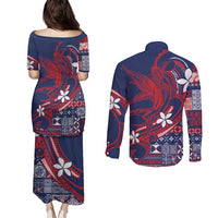 Samoa Manuia le Aso Tuto'atasi Couples Matching Puletasi and Long Sleeve Button Shirt Siapo Mamanu Mix Tatau Marlin - Flag Color