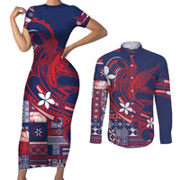 Samoa Manuia le Aso Tuto'atasi Couples Matching Short Sleeve Bodycon Dress and Long Sleeve Button Shirt Siapo Mamanu Mix Tatau Marlin - Flag Color