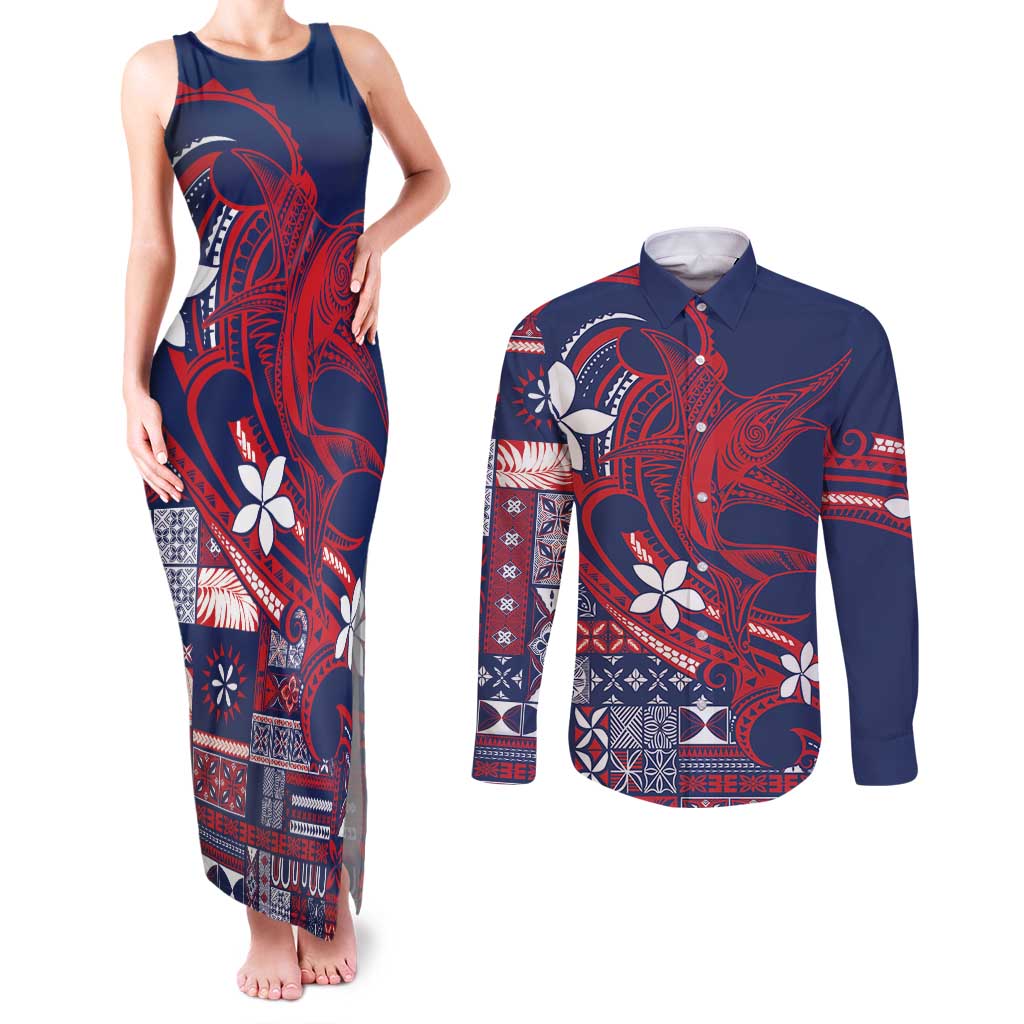 Samoa Manuia le Aso Tuto'atasi Couples Matching Tank Maxi Dress and Long Sleeve Button Shirt Siapo Mamanu Mix Tatau Marlin - Flag Color