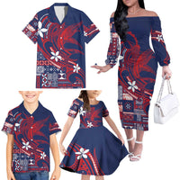 Samoa Manuia le Aso Tuto'atasi Family Matching Off The Shoulder Long Sleeve Dress and Hawaiian Shirt Siapo Mamanu Mix Tatau Marlin - Flag Color