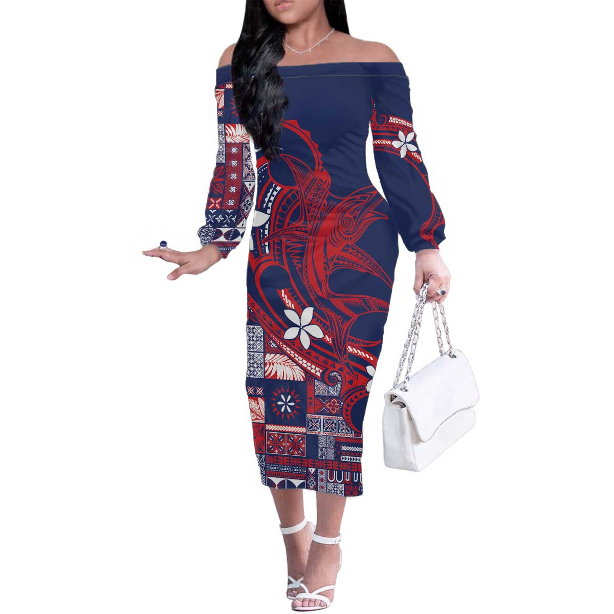 Samoa Manuia le Aso Tuto'atasi Family Matching Off The Shoulder Long Sleeve Dress and Hawaiian Shirt Siapo Mamanu Mix Tatau Marlin - Flag Color