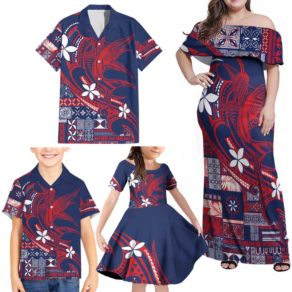 Samoa Manuia le Aso Tuto'atasi Family Matching Off Shoulder Maxi Dress and Hawaiian Shirt Siapo Mamanu Mix Tatau Marlin - Flag Color