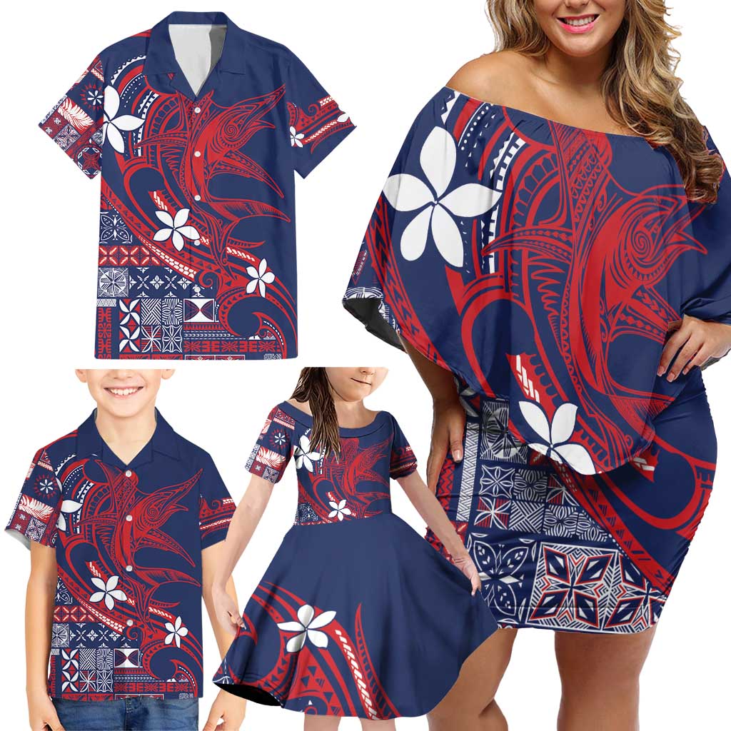Samoa Manuia le Aso Tuto'atasi Family Matching Off Shoulder Short Dress and Hawaiian Shirt Siapo Mamanu Mix Tatau Marlin - Flag Color