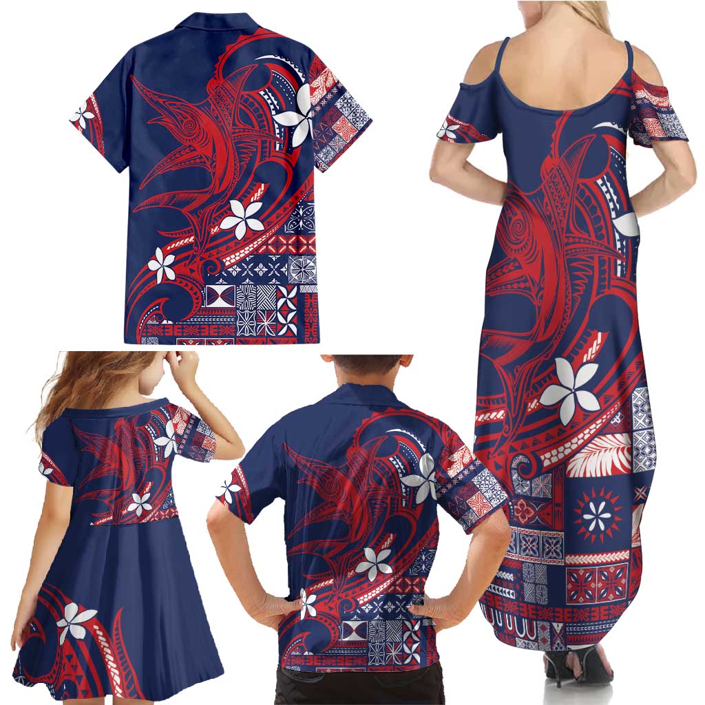 Samoa Manuia le Aso Tuto'atasi Family Matching Summer Maxi Dress and Hawaiian Shirt Siapo Mamanu Mix Tatau Marlin - Flag Color