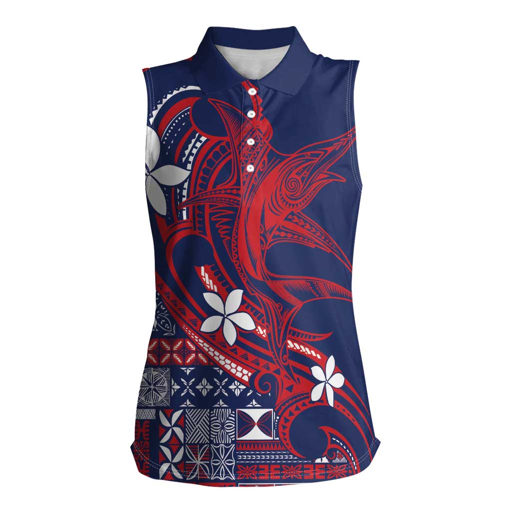 Samoa Manuia le Aso Tuto'atasi Women Sleeveless Polo Shirt Siapo Mamanu Mix Tatau Marlin - Flag Color LT7 Female Blue - Polynesian Pride