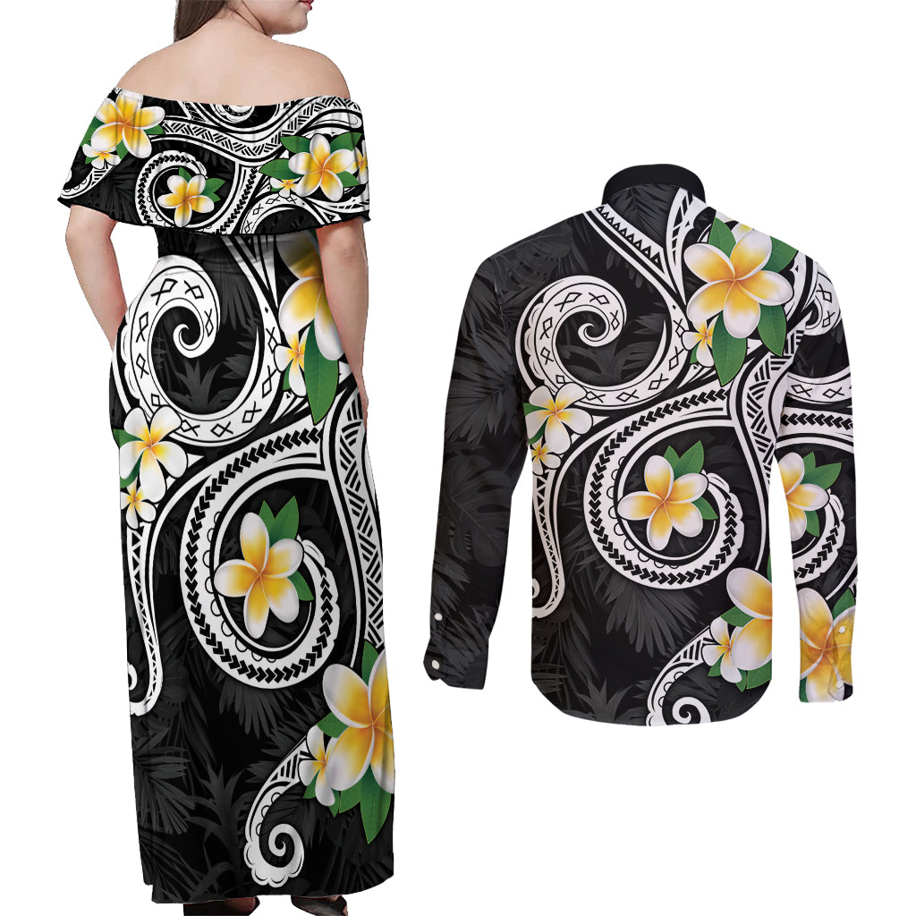 Kanaka Maoli Hawaii Plumeria Couples Matching Off Shoulder Maxi Dress and Long Sleeve Button Shirt Dancing Tentacles Black Style LT7 - Polynesian Pride