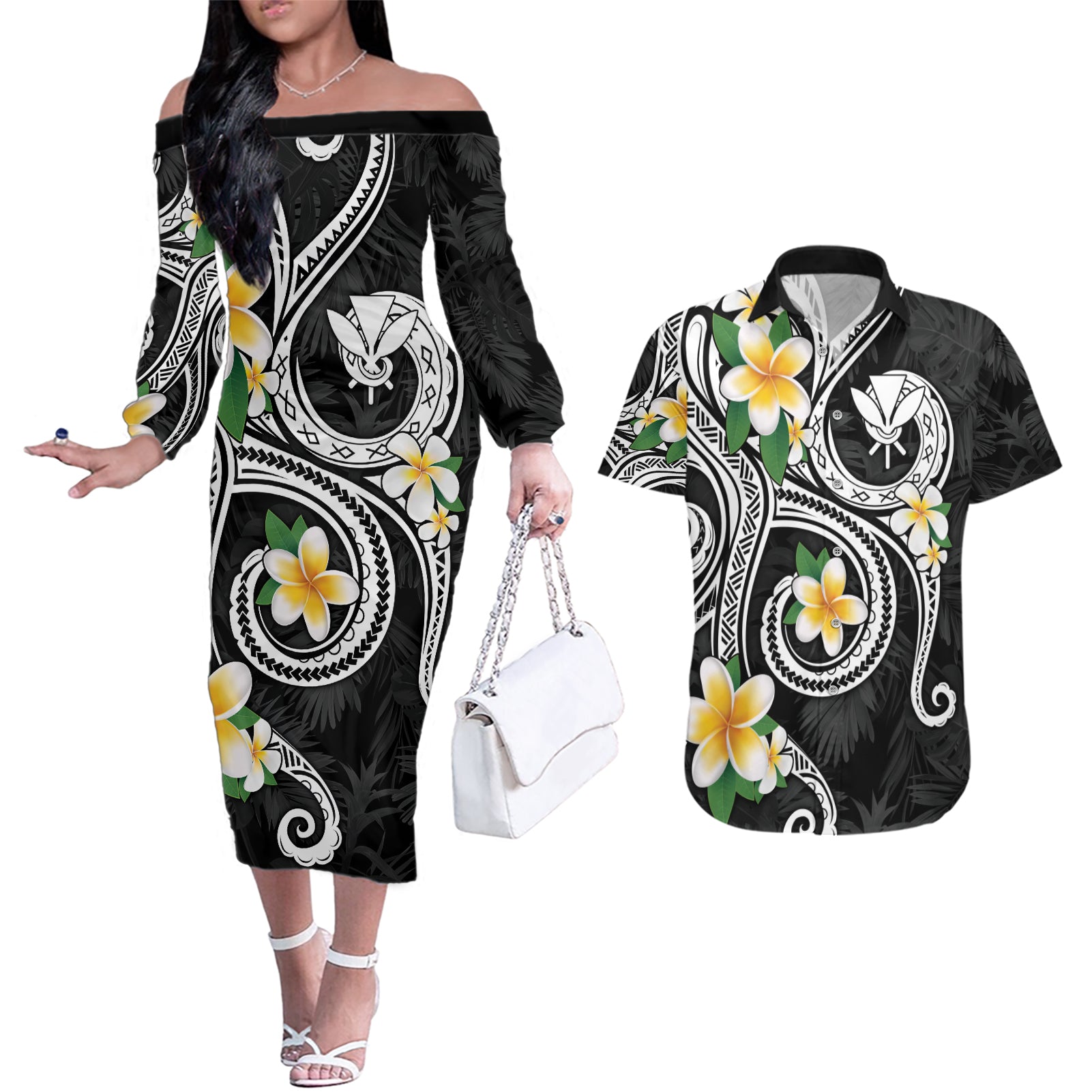 Kanaka Maoli Hawaii Plumeria Couples Matching Off The Shoulder Long Sleeve Dress and Hawaiian Shirt Dancing Tentacles Black Style