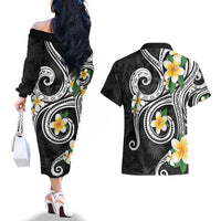 Kanaka Maoli Hawaii Plumeria Couples Matching Off The Shoulder Long Sleeve Dress and Hawaiian Shirt Dancing Tentacles Black Style