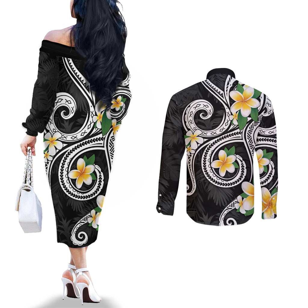 Kanaka Maoli Hawaii Plumeria Couples Matching Off The Shoulder Long Sleeve Dress and Long Sleeve Button Shirt Dancing Tentacles Black Style LT7 - Polynesian Pride