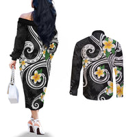 Kanaka Maoli Hawaii Plumeria Couples Matching Off The Shoulder Long Sleeve Dress and Long Sleeve Button Shirt Dancing Tentacles Black Style LT7 - Polynesian Pride