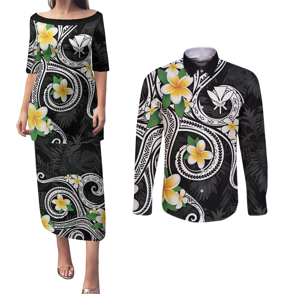 Kanaka Maoli Hawaii Plumeria Couples Matching Puletasi and Long Sleeve Button Shirt Dancing Tentacles Black Style LT7 Black - Polynesian Pride