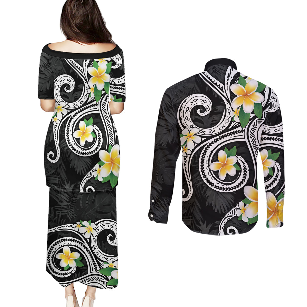 Kanaka Maoli Hawaii Plumeria Couples Matching Puletasi and Long Sleeve Button Shirt Dancing Tentacles Black Style LT7 - Polynesian Pride