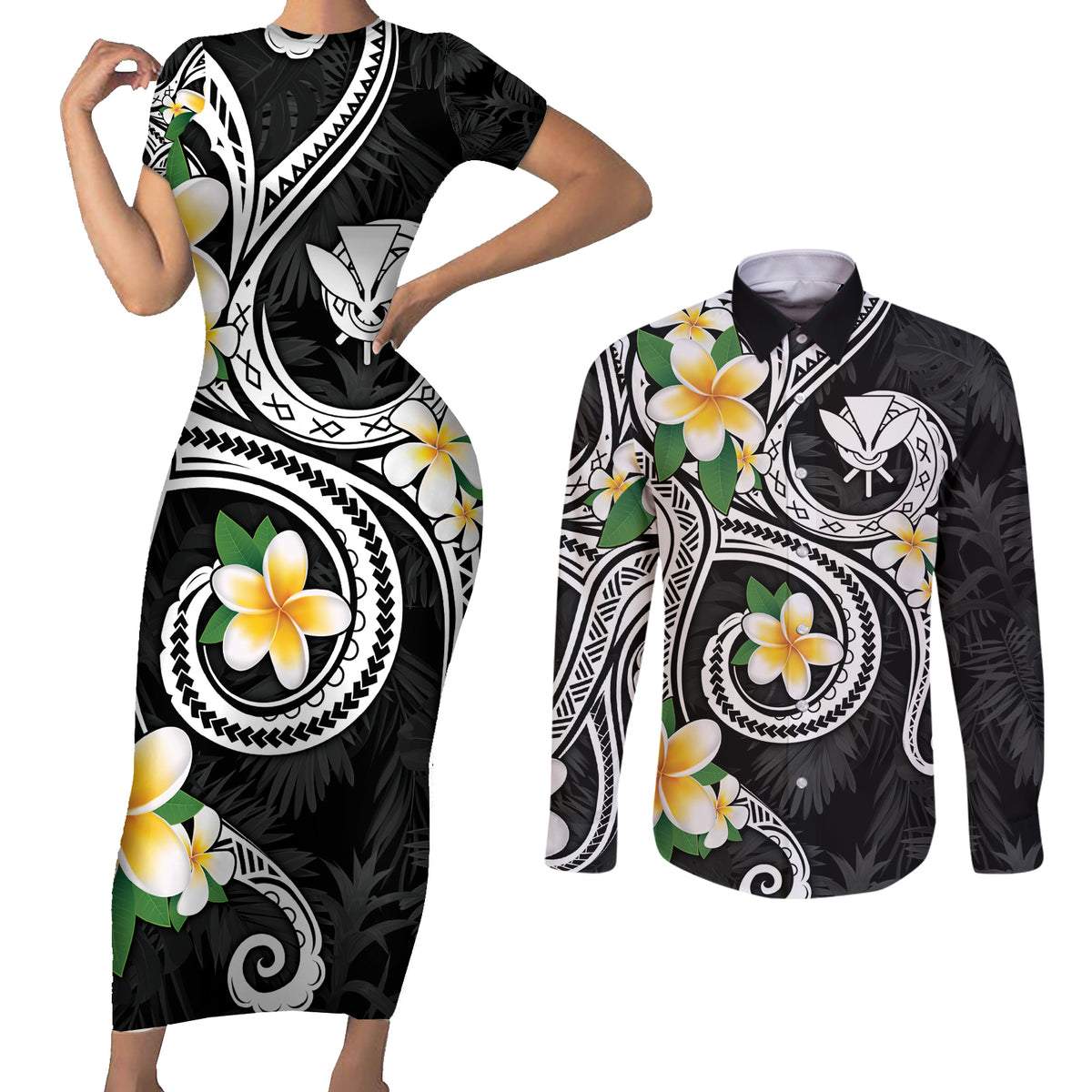 Kanaka Maoli Hawaii Plumeria Couples Matching Short Sleeve Bodycon Dress and Long Sleeve Button Shirt Dancing Tentacles Black Style LT7 Black - Polynesian Pride