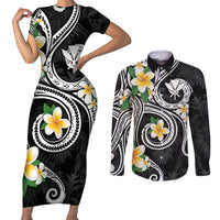 Kanaka Maoli Hawaii Plumeria Couples Matching Short Sleeve Bodycon Dress and Long Sleeve Button Shirt Dancing Tentacles Black Style LT7 Black - Polynesian Pride