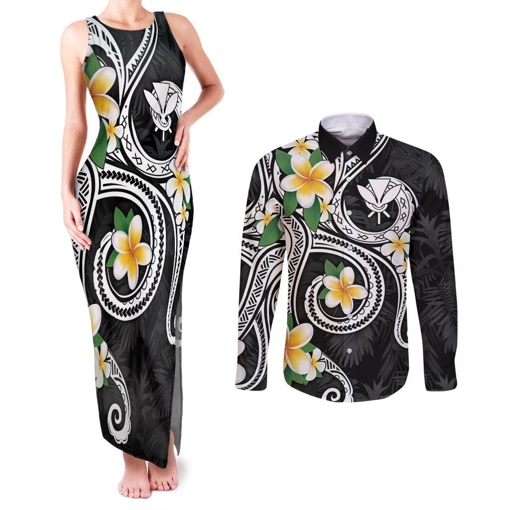 Kanaka Maoli Hawaii Plumeria Couples Matching Tank Maxi Dress and Long Sleeve Button Shirt Dancing Tentacles Black Style LT7 Black - Polynesian Pride