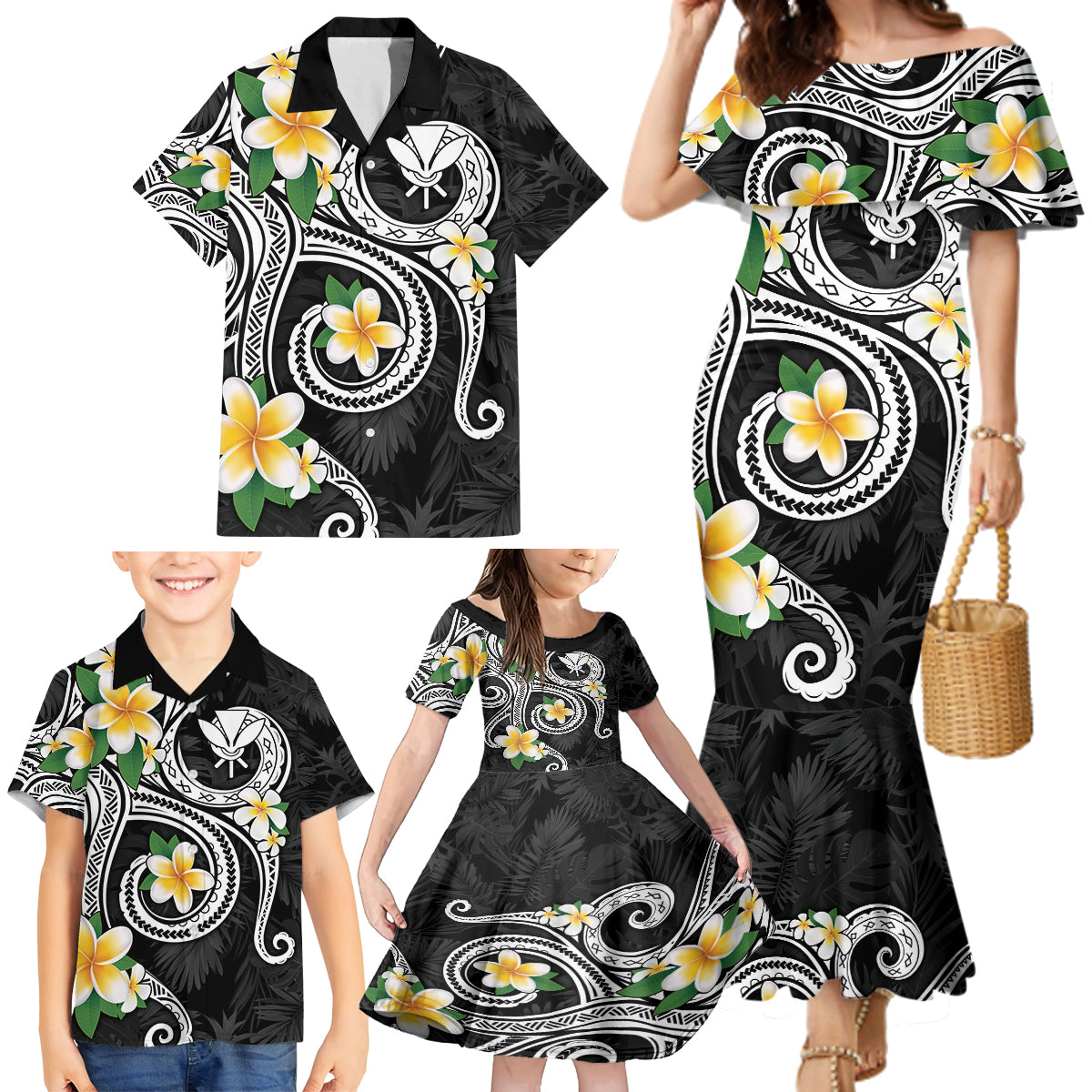 Kanaka Maoli Hawaii Plumeria Family Matching Mermaid Dress and Hawaiian Shirt Dancing Tentacles Black Style LT7 - Polynesian Pride