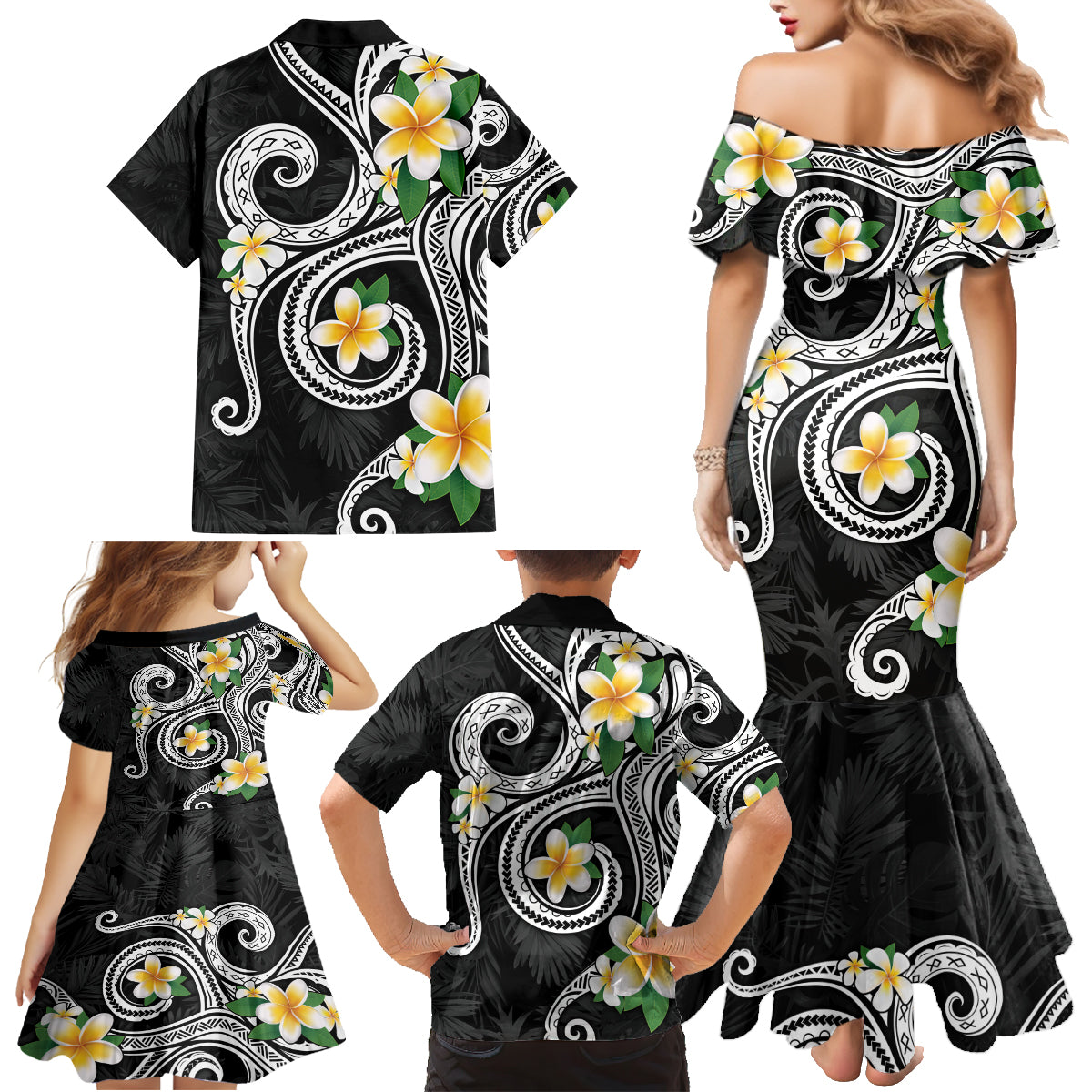 Kanaka Maoli Hawaii Plumeria Family Matching Mermaid Dress and Hawaiian Shirt Dancing Tentacles Black Style LT7 - Polynesian Pride