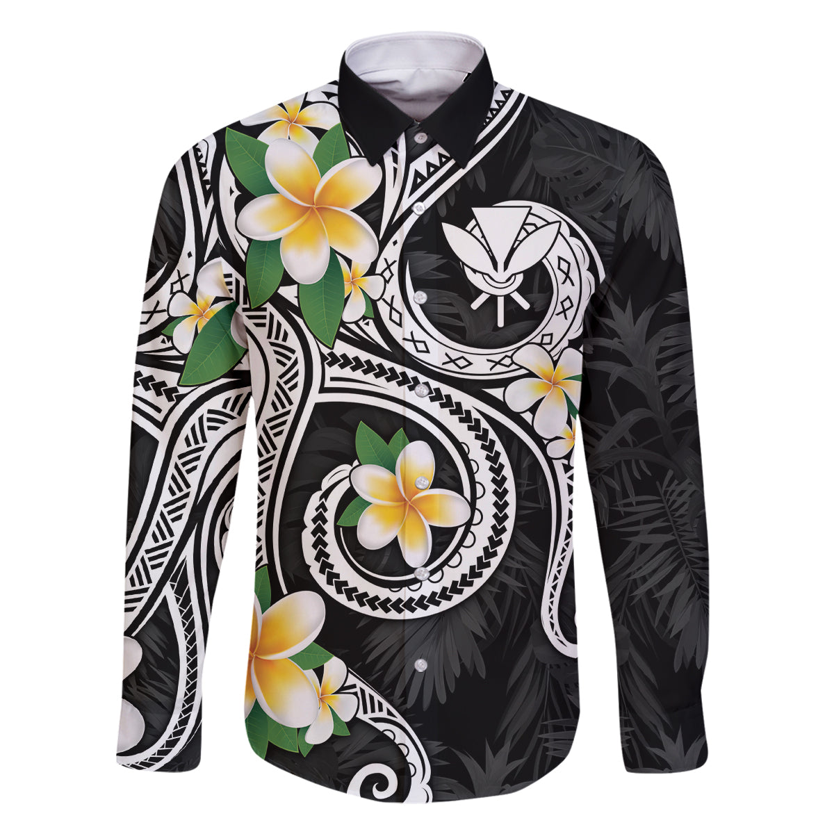 Kanaka Maoli Hawaii Plumeria Family Matching Off Shoulder Maxi Dress and Hawaiian Shirt Dancing Tentacles Black Style LT7 Dad's Shirt - Long Sleeve Black - Polynesian Pride