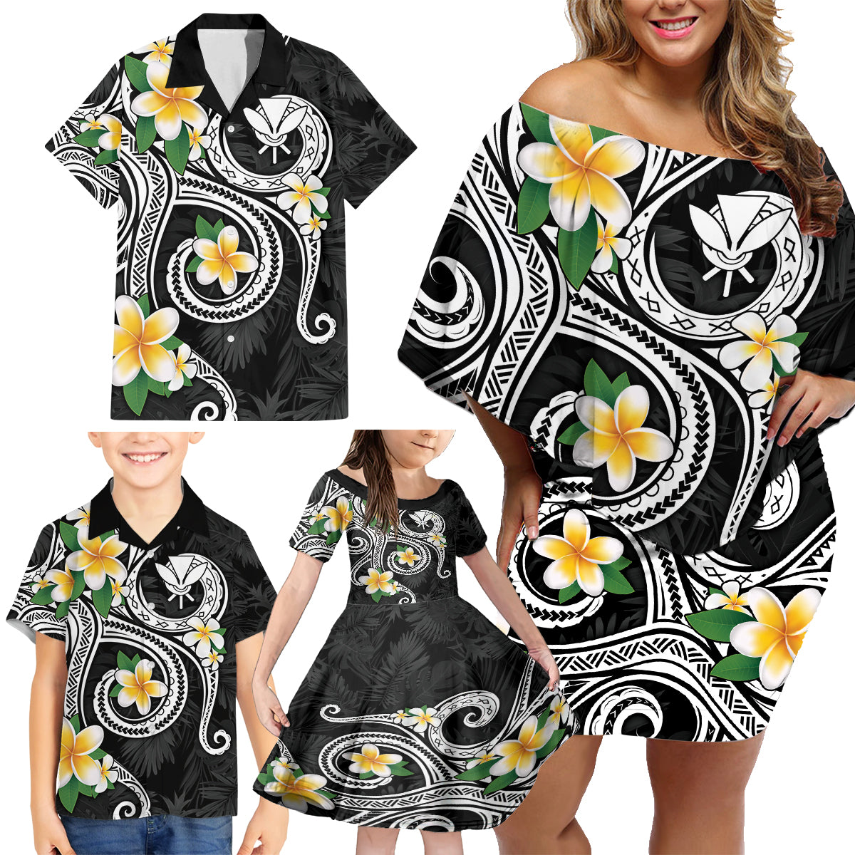 Kanaka Maoli Hawaii Plumeria Family Matching Off Shoulder Short Dress and Hawaiian Shirt Dancing Tentacles Black Style LT7 - Polynesian Pride