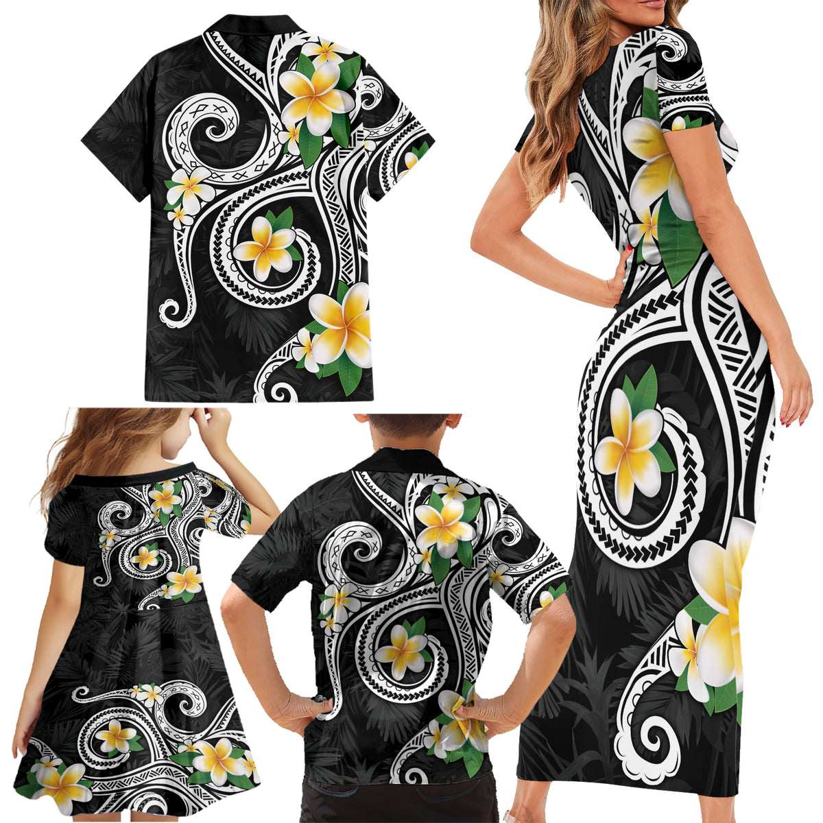 Kanaka Maoli Hawaii Plumeria Family Matching Short Sleeve Bodycon Dress and Hawaiian Shirt Dancing Tentacles Black Style LT7 - Polynesian Pride