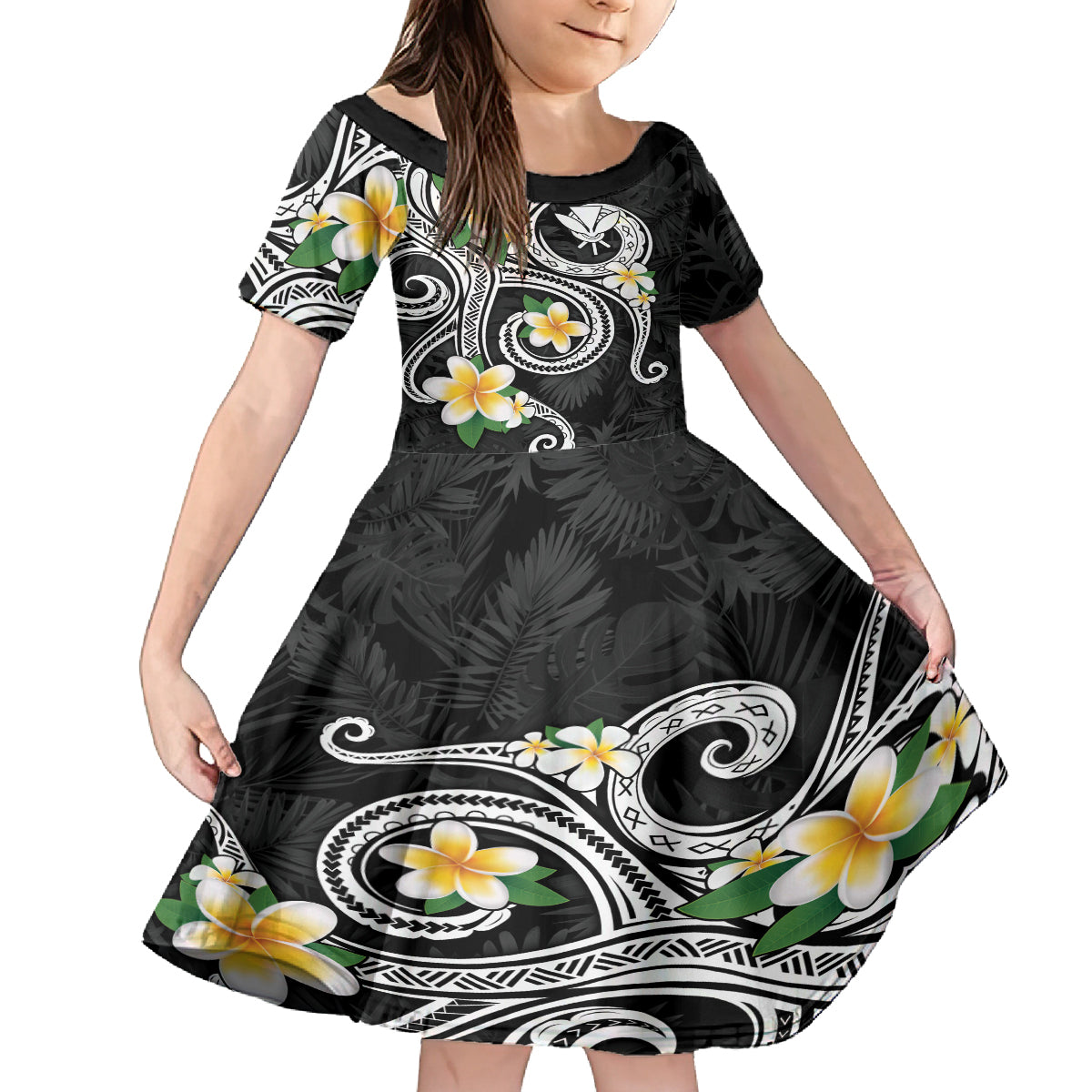 Kanaka Maoli Hawaii Plumeria Family Matching Tank Maxi Dress and Hawaiian Shirt Dancing Tentacles Black Style LT7 Daughter's Dress Black - Polynesian Pride